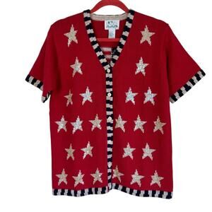 Quacker Factory Vtg USA Flag Short Sleeve Sweater Cardigan Sequins Stars Sz S